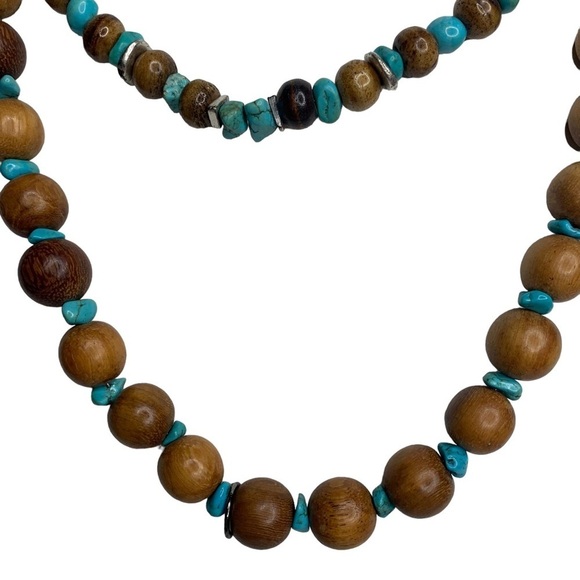 Chico’s Double Strand Brown Wooden Beads Turquoise & Brown Stone Chips Necklace - Picture 5 of 8